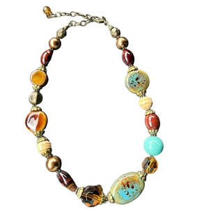 Premier Designs “Treasure Hunt” Beaded Necklace Earthtone Brass 15" Retired